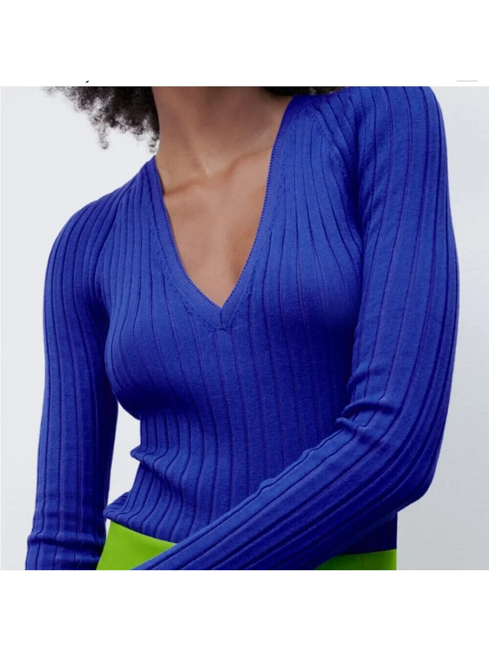 Zara Size M Royal Blue V-Neck Red Long Sleeve Cropped Knit Top Clean Girl Minima